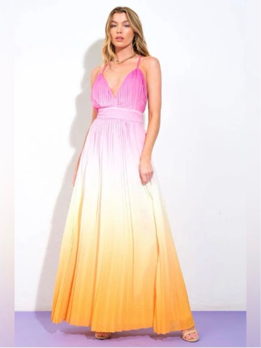 Flying Tomato Pink Yellow Sunset Ombre Pleated Maxi Dress Resortwear Sz Medium